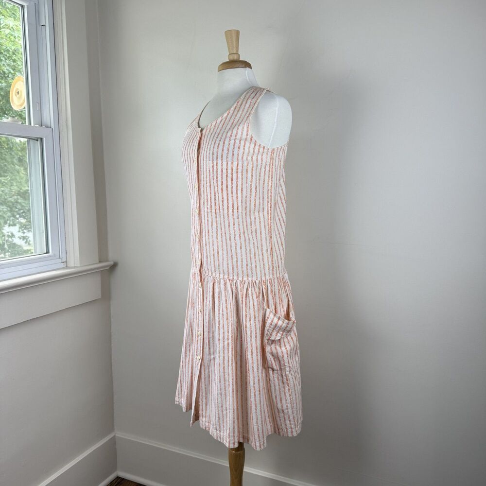 Vintage Striped Cotton Button-Front Dress | Sleeveless Drop-Waist Summer Dress